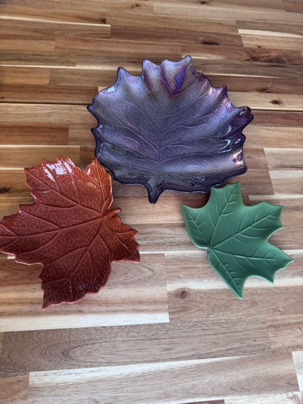 Lot of 3 Maple Leaf Ceramic Trays plates serving - decor Purple, Rust & Green